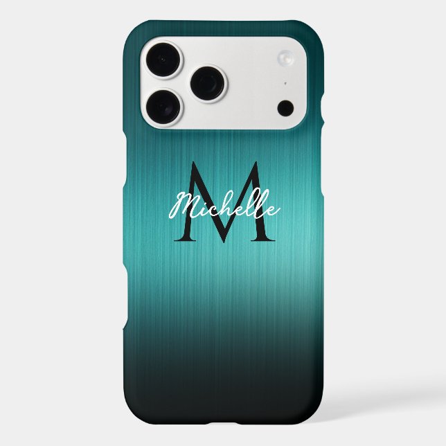 Brushed Metal Agua Teal Blue Ombre Monogram (Back)