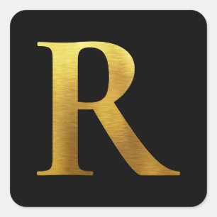 Brushed Metal Gold Monogram R Black Square Sticker