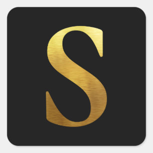 Brushed Metal Gold Monogram S Black Square Sticker
