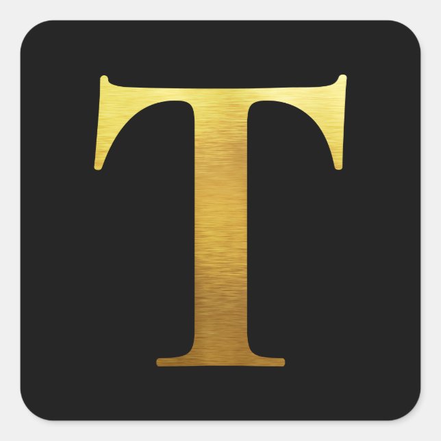 Brushed Metal Gold Monogram T Black Square Sticker (Front)