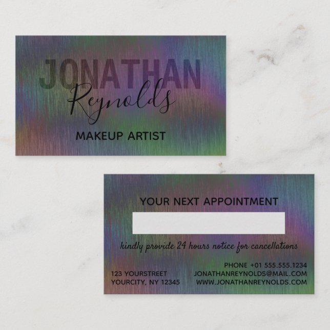 Brushed Metal Iridescent Holographic Script Name A Appointment Card (Front/Back)