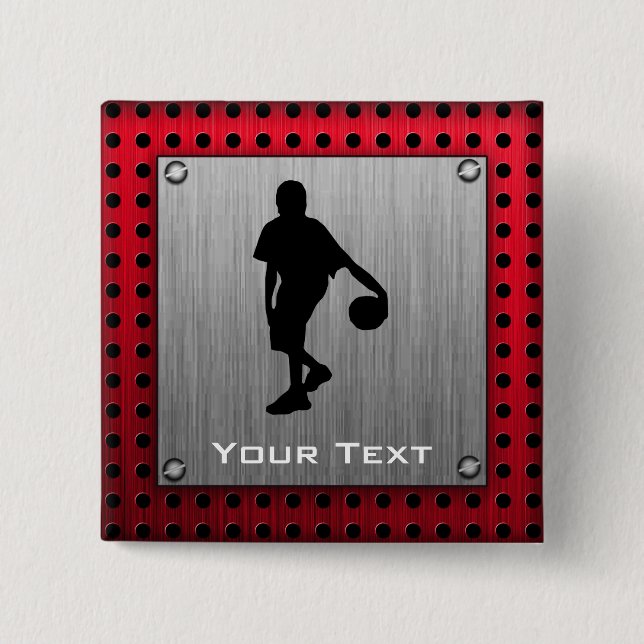 Brushed metal look, Basketball; red 15 Cm Square Badge (Front)