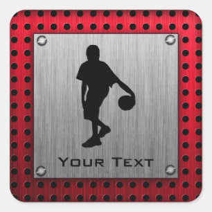 Brushed metal look, Basketball; red Square Sticker