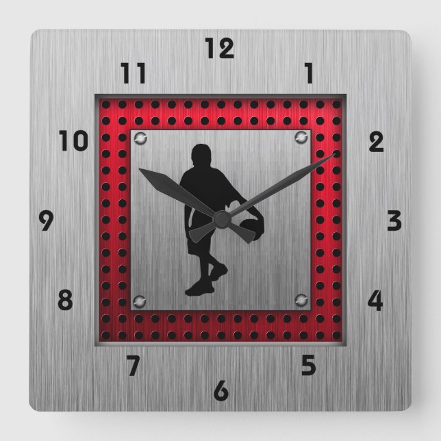 Brushed metal look, Basketball; red Square Wall Clock (Front)