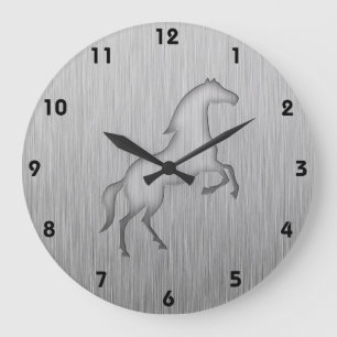 Brushed metal look Horse Large Clock