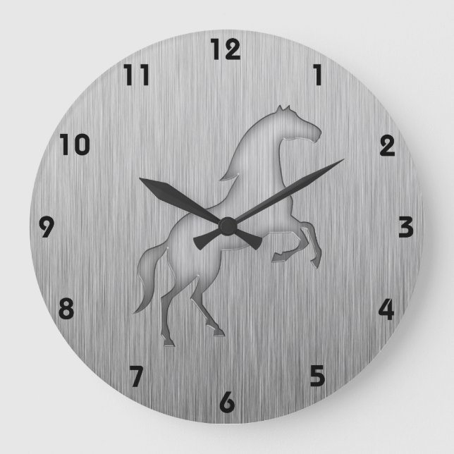 Brushed metal look Horse Large Clock (Front)