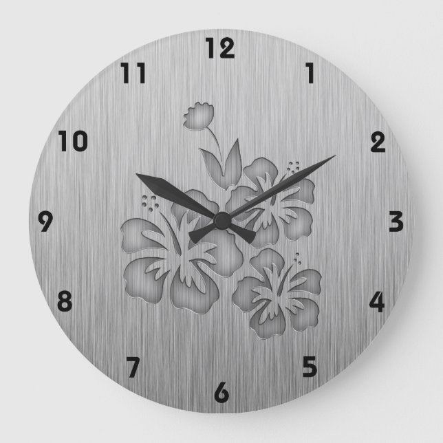 Brushed Metal-look Tropical Flowers Large Clock (Front)