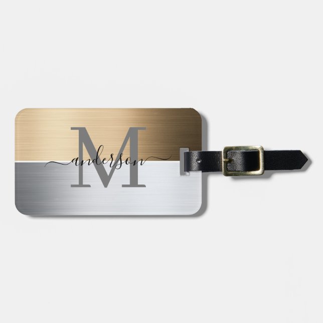 Brushed metal luggage tag in silver grey andcopper (Front Horizontal)