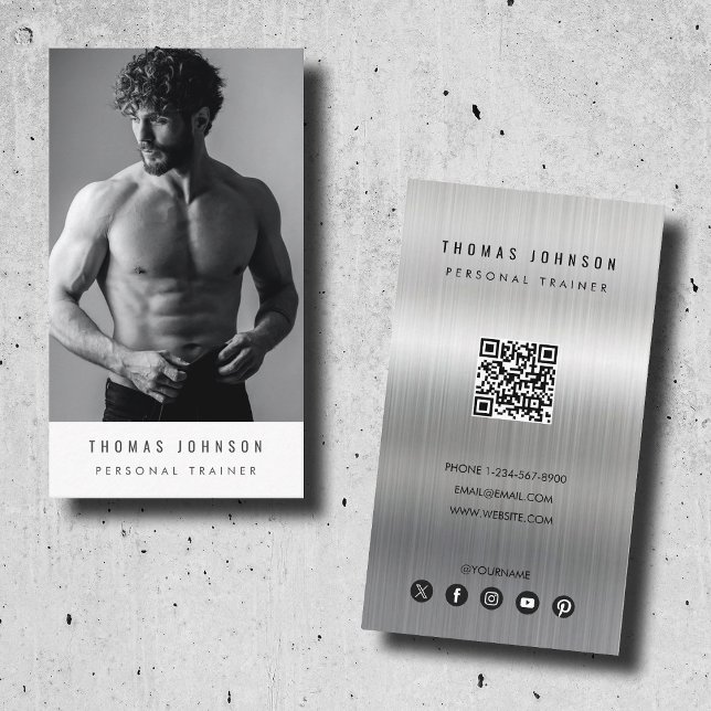 Brushed Metal Personal Trainer Fitness Photo Business Card (Brushed Metal Personal Trainer Fitness Photo Business Card)