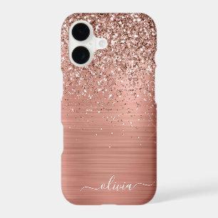 Brushed Metal Rose Gold Pink Glitter Monogram