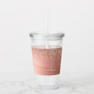 Brushed Metal Rose Gold Pink Glitter Monogram Acrylic Tumbler