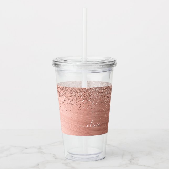 Brushed Metal Rose Gold Pink Glitter Monogram Acrylic Tumbler (Front)