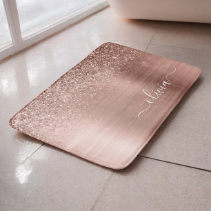 Brushed Metal Rose Gold Pink Glitter Monogram Bath Mat
