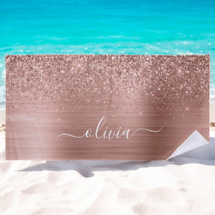 Brushed Metal Rose Gold Pink Glitter Monogram Beach Towel