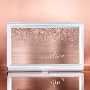 Brushed Metal Rose Gold Pink Glitter Monogram Business Card Holder