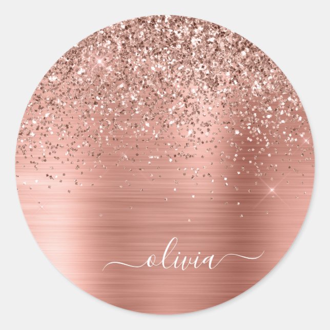 Brushed Metal Rose Gold Pink Glitter Monogram Classic Round Sticker (Front)