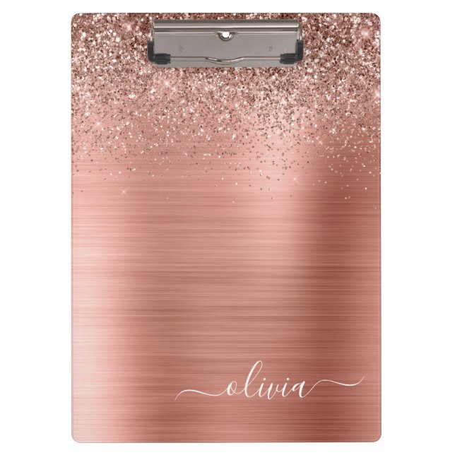 Brushed Metal Rose Gold Pink Glitter Monogram Clipboard (Front)