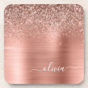 Brushed Metal Rose Gold Pink Glitter Monogram Coaster