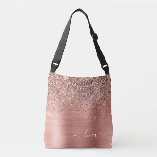 Brushed Metal Rose Gold Pink Glitter Monogram Crossbody Bag (Front)