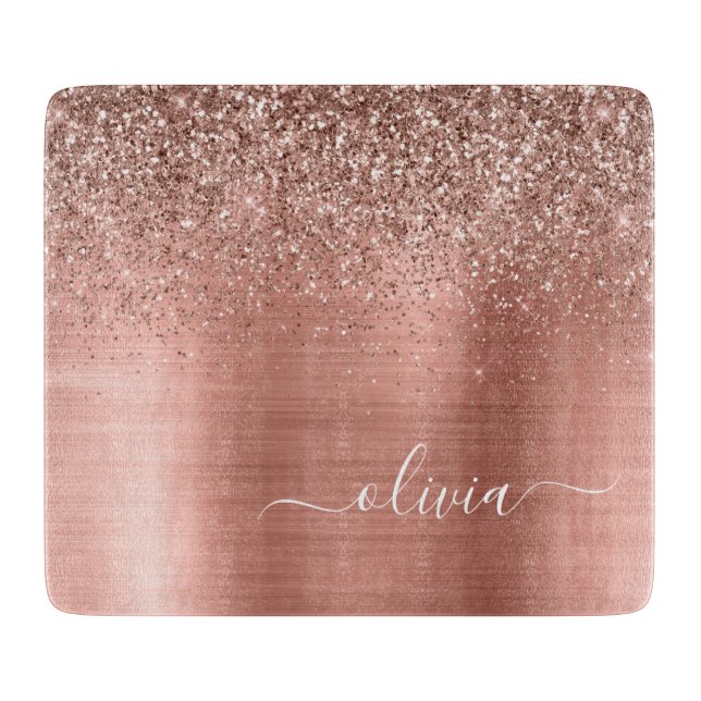 Brushed Metal Rose Gold Pink Glitter Monogram Cutting Board (Front)