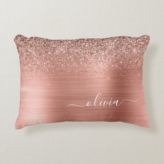 Brushed Metal Rose Gold Pink Glitter Monogram Decorative Cushion (Front)