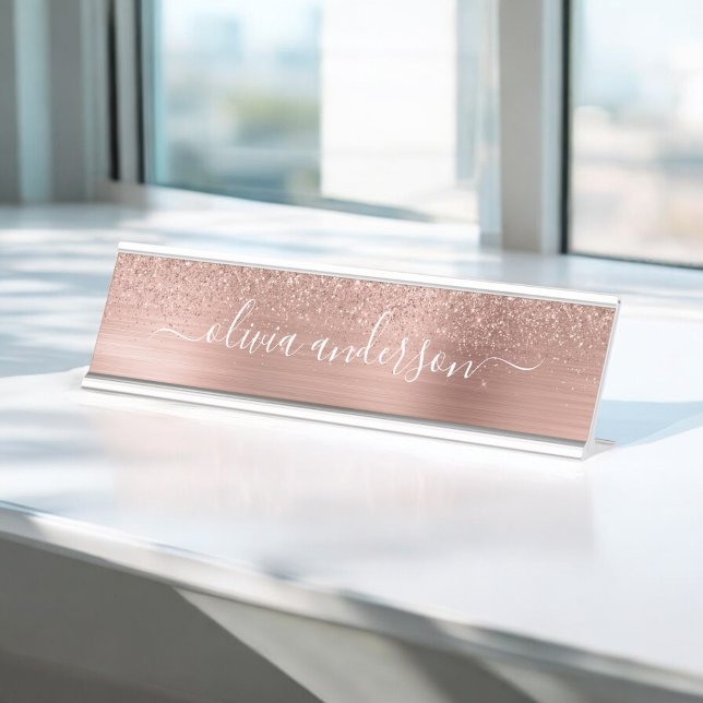 Brushed Metal Rose Gold Pink Glitter Monogram Desk Name Plate (Creator Uploaded)
