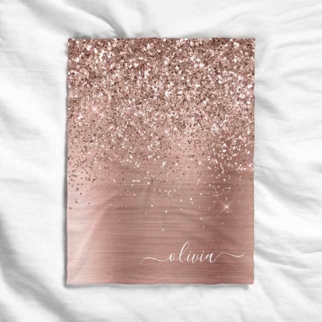 Brushed Metal Rose Gold Pink Glitter Monogram Fleece Blanket (Creator Uploaded)