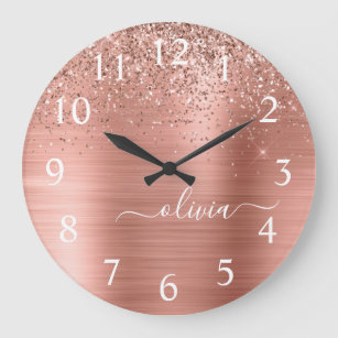 Brushed Metal Rose Gold Pink Glitter Monogram Large Clock