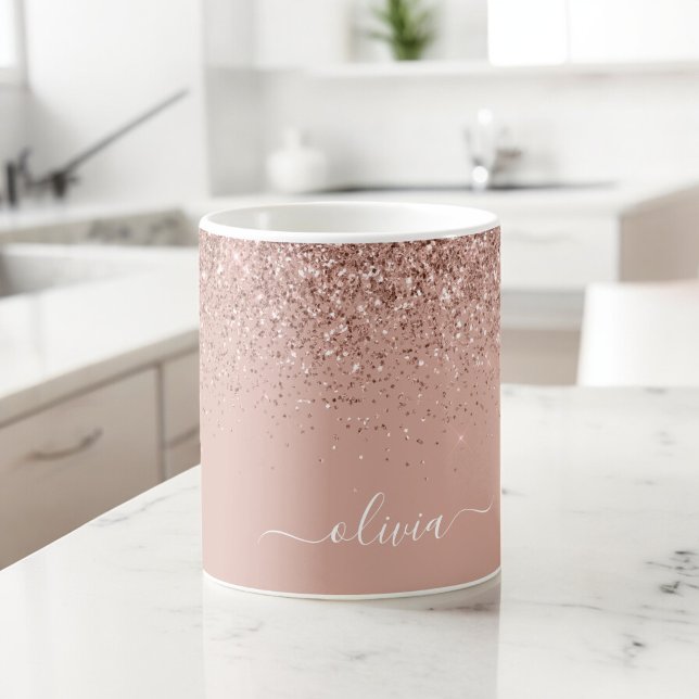 Brushed Metal Rose Gold Pink Glitter Monogram Large Coffee Mug (Creator Uploaded)