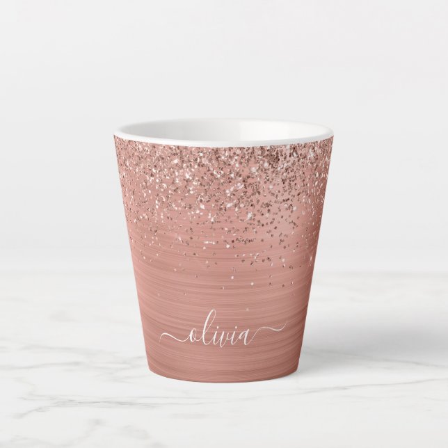 Brushed Metal Rose Gold Pink Glitter Monogram Latte Mug (Front)