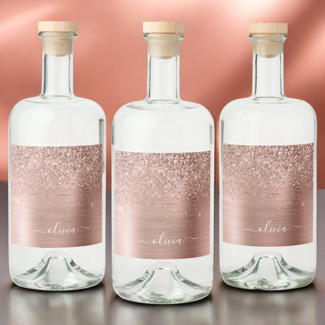 Brushed Metal Rose Gold Pink Glitter Monogram Liquor Bottle Label (Creator Uploaded)