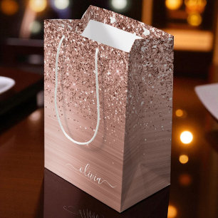 Brushed Metal Rose Gold Pink Glitter Monogram Medium Gift Bag