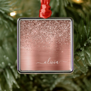 Brushed Metal Rose Gold Pink Glitter Monogram Metal Tree Decoration
