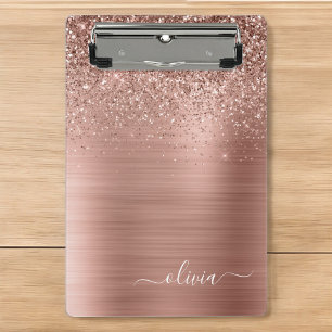 Brushed Metal Rose Gold Pink Glitter Monogram Mini Clipboard