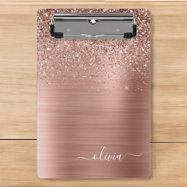 Brushed Metal Rose Gold Pink Glitter Monogram Mini Clipboard (Creator Uploaded)