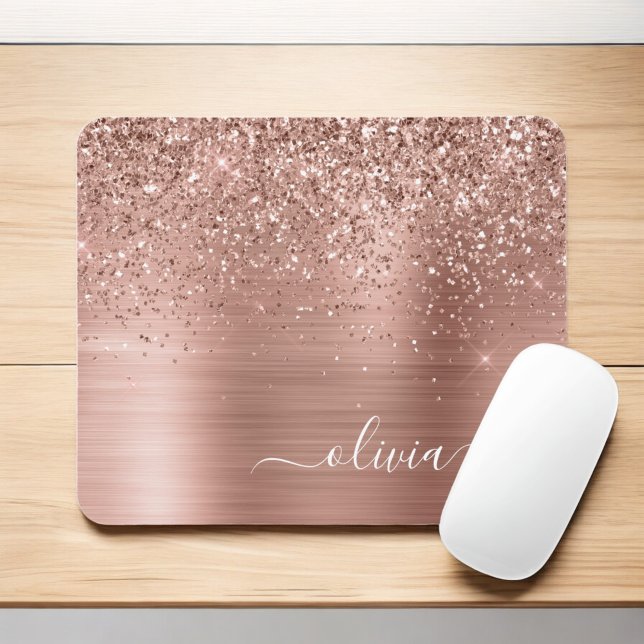 Brushed Metal Rose Gold Pink Glitter Monogram Mouse Mat (Creator Uploaded)