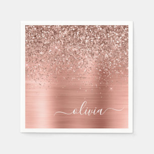 Brushed Metal Rose Gold Pink Glitter Monogram Napkin