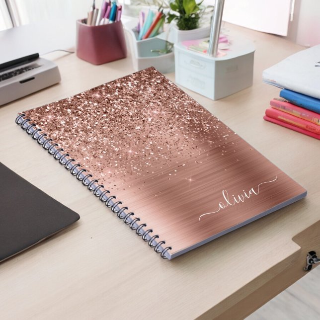 Brushed Metal Rose Gold Pink Glitter Monogram Notebook (Creator Uploaded)