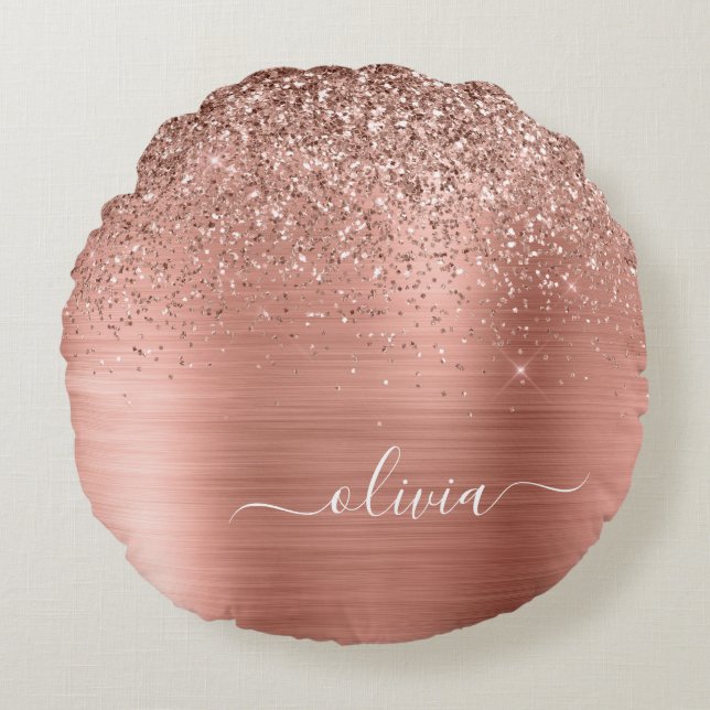 Brushed Metal Rose Gold Pink Glitter Monogram Round Cushion (Front)