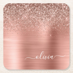 Brushed Metal Rose Gold Pink Glitter Monogram Square Paper Coaster