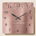 Brushed Metal Rose Gold Pink Glitter Monogram Square Wall Clock<br><div class="desc">Rose Gold - Blush Pink Faux Foil Metallic Sparkle Glitter Brushed Metal Monogram Name Clock. This makes the perfect sweet 16 birthday,  wedding,  bridal shower,  anniversary,  baby shower or bachelorette party gift for someone that loves glam luxury and chic styles.</div>