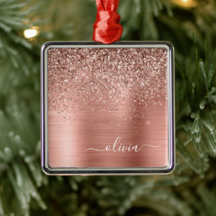 Brushed Metal Rose Gold Pink Glitter Monogram Tree Decoration