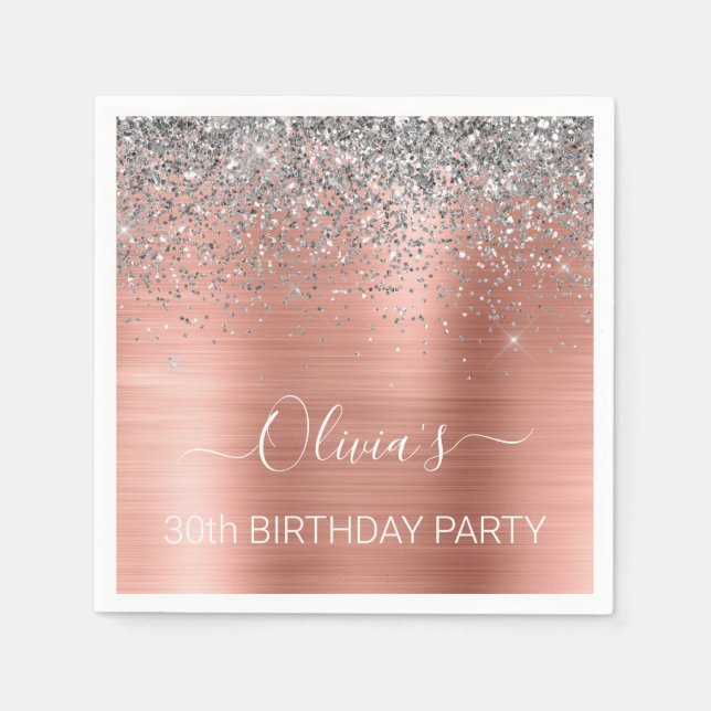Brushed Metal Rose Gold Silver Glitter Birthday Napkin (Front)