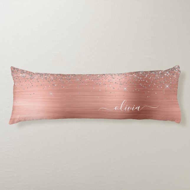 Brushed Metal Rose Gold Silver Glitter Monogram Body Cushion (Front)