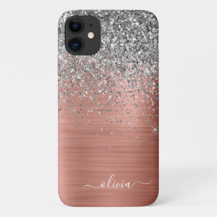 Brushed Metal Rose Gold Silver Glitter Monogram iPhone 11 Case