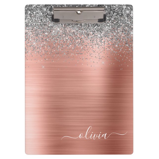 Brushed Metal Rose Gold Silver Glitter Monogram Clipboard (Front)