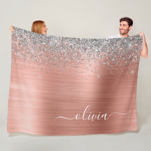 Brushed Metal Rose Gold Silver Glitter Monogram Fleece Blanket (In Situ)