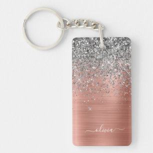 Brushed Metal Rose Gold Silver Glitter Monogram Key Ring