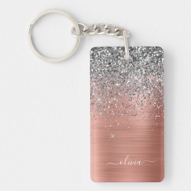 Brushed Metal Rose Gold Silver Glitter Monogram Key Ring (Front)