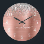 Brushed Metal Rose Gold Silver Glitter Monogram Large Clock<br><div class="desc">Rose Gold - Blush Pink and Silver Faux Foil Metallic Sparkle Glitter Brushed Metal Monogram Name Clock. This makes the perfect sweet 16 birthday,  wedding,  bridal shower,  anniversary,  baby shower or bachelorette party gift for someone that loves glam luxury and chic styles.</div>